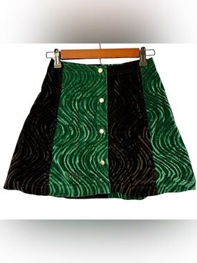 Small Green and Black Velvet A-Line Button-Front Skirt